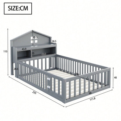 White Solid Wood Children's Bed 90x200 cm - Complete Bed Frame with Safety Gate & Door, Picture Rail, Storage Shelves & Slatted Base - Playful House-Shaped Design for Kids' Room