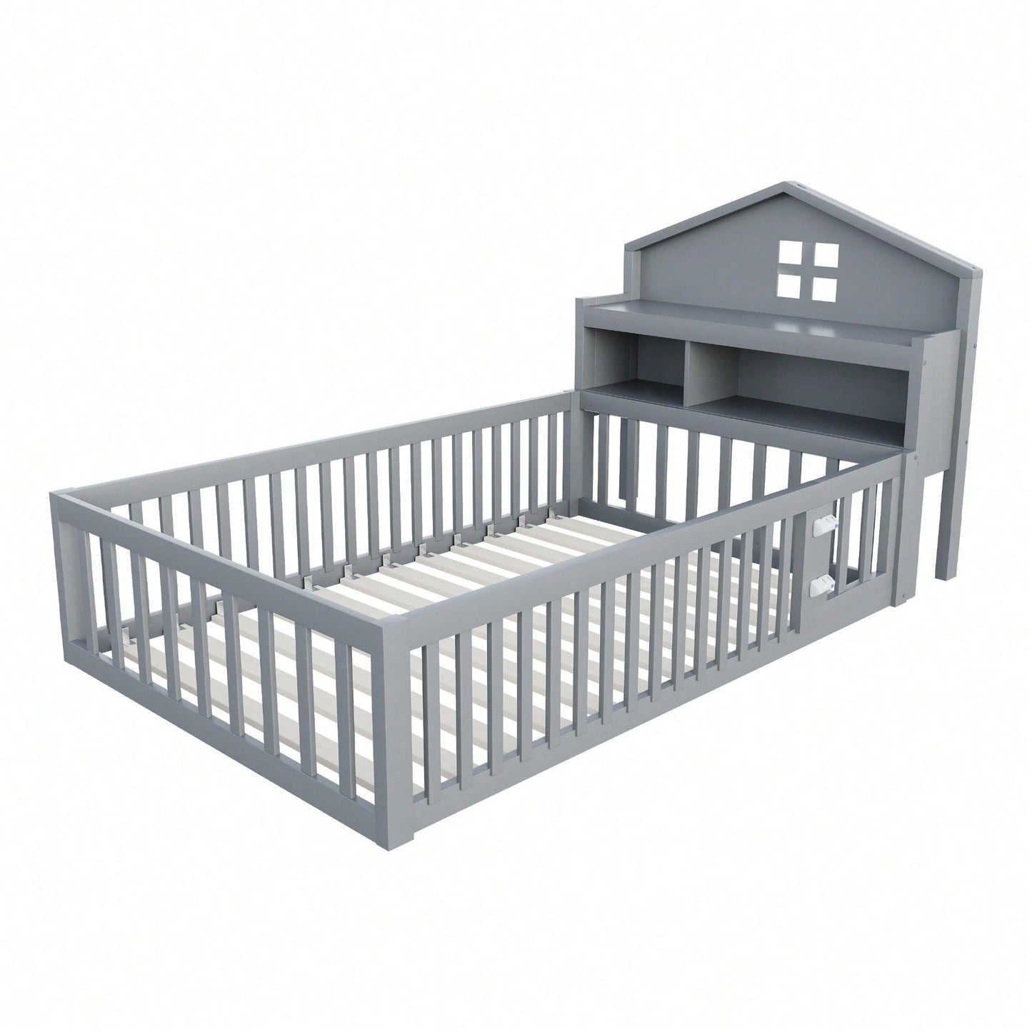 White Solid Wood Children's Bed 90x200 cm - Complete Bed Frame with Safety Gate & Door, Picture Rail, Storage Shelves & Slatted Base - Playful House-Shaped Design for Kids' Room