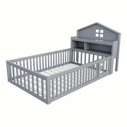 White Solid Wood Children's Bed 90x200 cm - Complete Bed Frame with Safety Gate & Door, Picture Rail, Storage Shelves & Slatted Base - Playful House-Shaped Design for Kids' Room