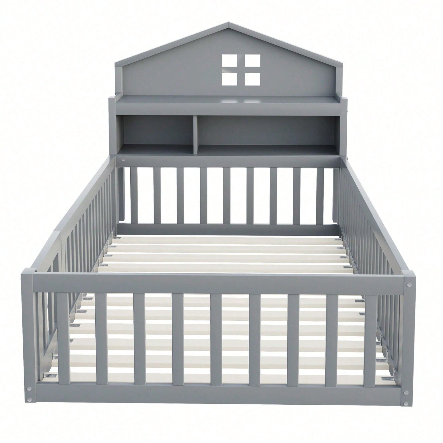 White Solid Wood Children's Bed 90x200 cm - Complete Bed Frame with Safety Gate & Door, Picture Rail, Storage Shelves & Slatted Base - Playful House-Shaped Design for Kids' Room