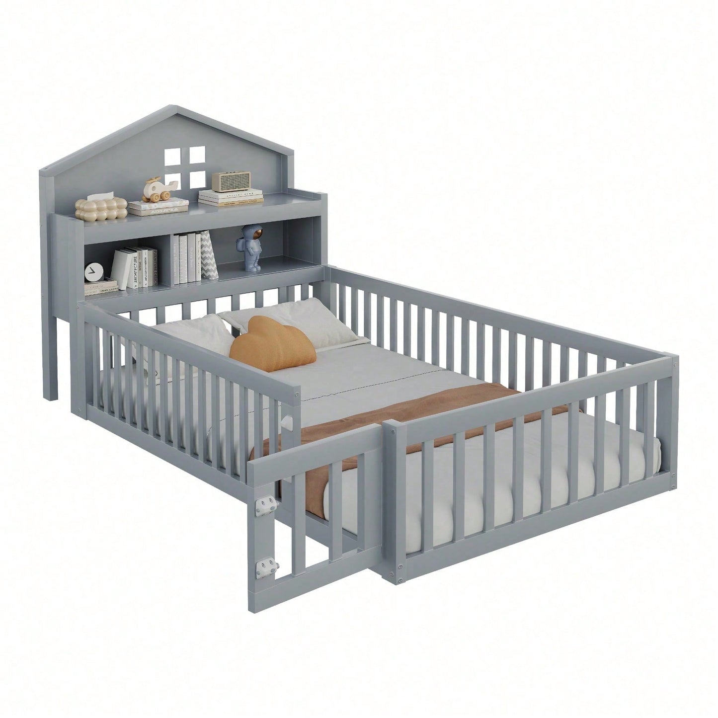 White Solid Wood Children's Bed 90x200 cm - Complete Bed Frame with Safety Gate & Door, Picture Rail, Storage Shelves & Slatted Base - Playful House-Shaped Design for Kids' Room