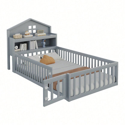 White Solid Wood Children's Bed 90x200 cm - Complete Bed Frame with Safety Gate & Door, Picture Rail, Storage Shelves & Slatted Base - Playful House-Shaped Design for Kids' Room
