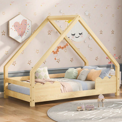 Massivholz-Hausbett für Kinder (90x200 cm) – Spielbett mit integriertem Rausfallschutz – Naturbelassenes Jugendbett aus robustem Holz – Sicherer & fantasievoller Schlafplatz