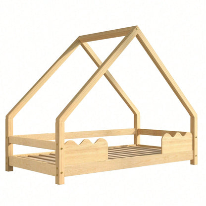 Massivholz-Hausbett für Kinder (90x200 cm) – Spielbett mit integriertem Rausfallschutz – Naturbelassenes Jugendbett aus robustem Holz – Sicherer & fantasievoller Schlafplatz