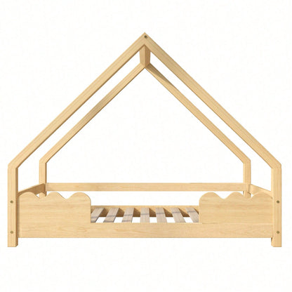 Massivholz-Hausbett für Kinder (90x200 cm) – Spielbett mit integriertem Rausfallschutz – Naturbelassenes Jugendbett aus robustem Holz – Sicherer & fantasievoller Schlafplatz