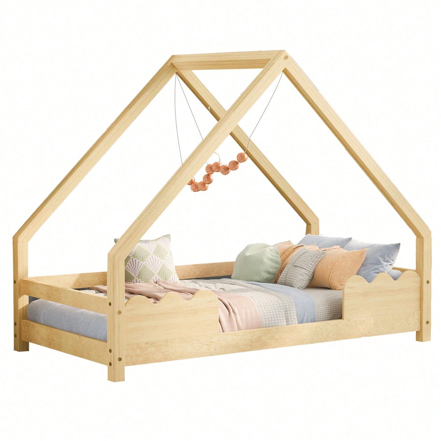 Massivholz-Hausbett für Kinder (90x200 cm) – Spielbett mit integriertem Rausfallschutz – Naturbelassenes Jugendbett aus robustem Holz – Sicherer & fantasievoller Schlafplatz