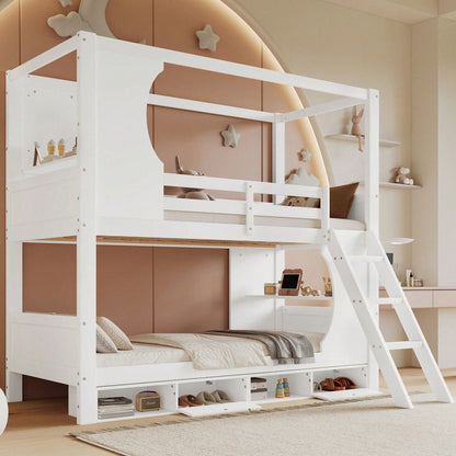 Modernes Etagenbett für Kinder (90x200 cm) - Mit integriertem Schreibtisch & Schuhschrank (4 Fächer) - Sicherheits-Gitter & dreistufige Schrägleiter - Viel Stauraum aus Kiefer, MDF & Sperrholz - Weiße Schlaf- & Spiel-Lösung