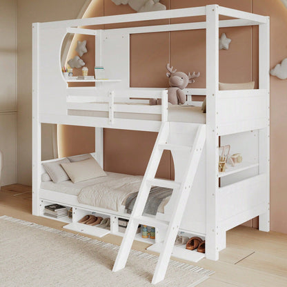 Modernes Etagenbett für Kinder (90x200 cm) - Mit integriertem Schreibtisch & Schuhschrank (4 Fächer) - Sicherheits-Gitter & dreistufige Schrägleiter - Viel Stauraum aus Kiefer, MDF & Sperrholz - Weiße Schlaf- & Spiel-Lösung