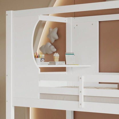 Modernes Etagenbett für Kinder (90x200 cm) - Mit integriertem Schreibtisch & Schuhschrank (4 Fächer) - Sicherheits-Gitter & dreistufige Schrägleiter - Viel Stauraum aus Kiefer, MDF & Sperrholz - Weiße Schlaf- & Spiel-Lösung