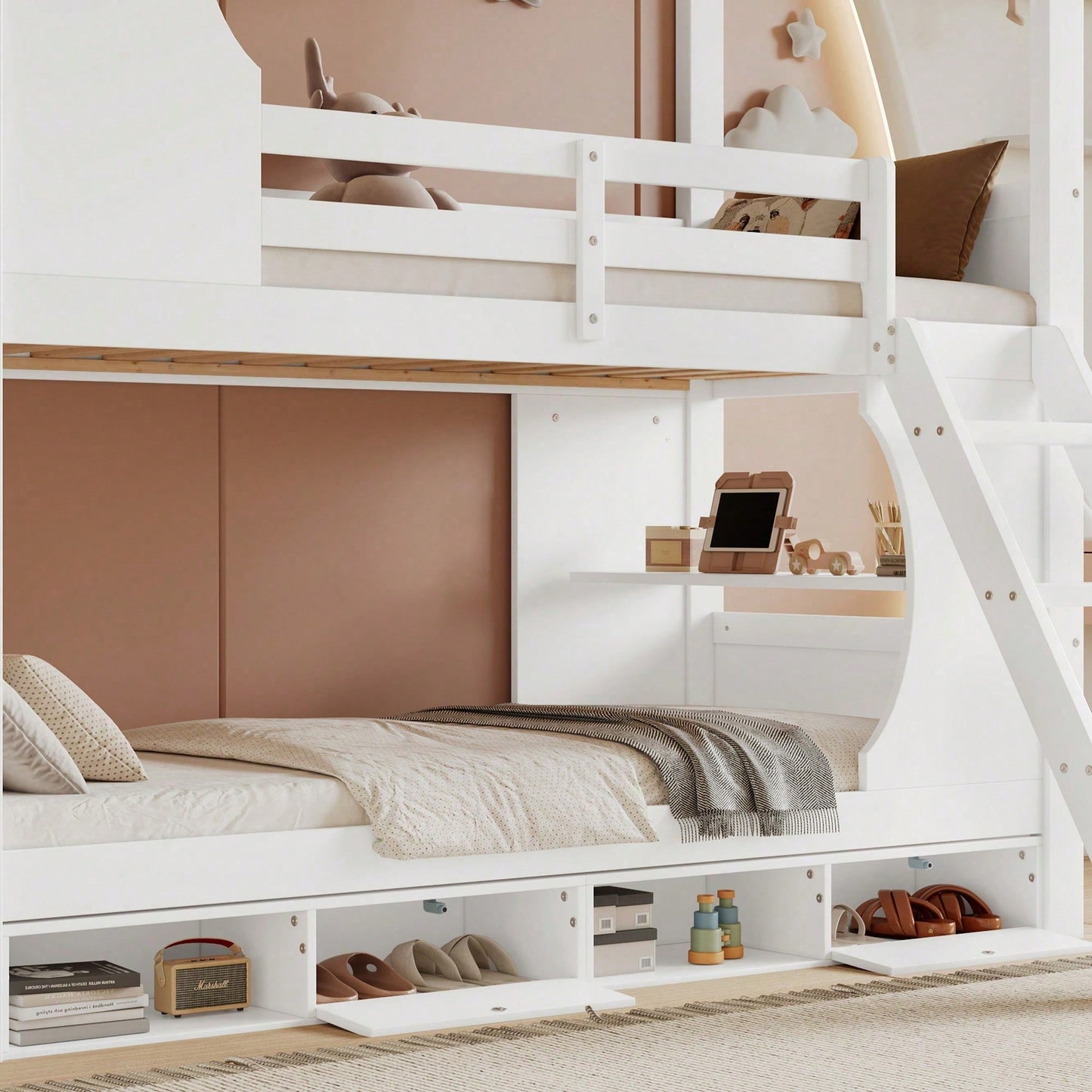 Modernes Etagenbett für Kinder (90x200 cm) - Mit integriertem Schreibtisch & Schuhschrank (4 Fächer) - Sicherheits-Gitter & dreistufige Schrägleiter - Viel Stauraum aus Kiefer, MDF & Sperrholz - Weiße Schlaf- & Spiel-Lösung
