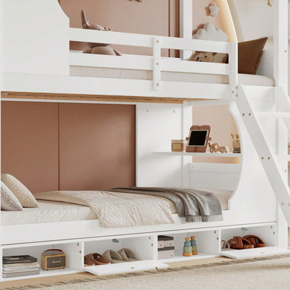 Modernes Etagenbett für Kinder (90x200 cm) - Mit integriertem Schreibtisch & Schuhschrank (4 Fächer) - Sicherheits-Gitter & dreistufige Schrägleiter - Viel Stauraum aus Kiefer, MDF & Sperrholz - Weiße Schlaf- & Spiel-Lösung