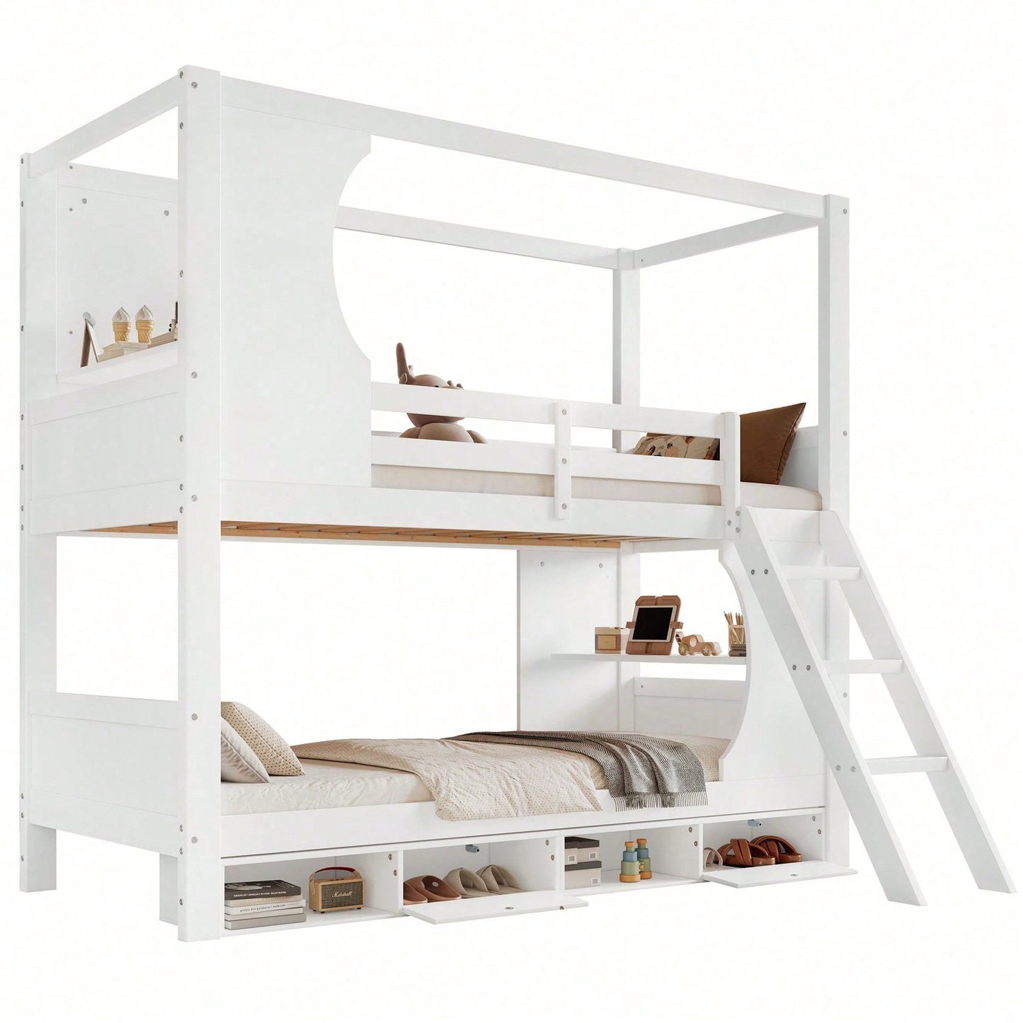 Modernes Etagenbett für Kinder (90x200 cm) - Mit integriertem Schreibtisch & Schuhschrank (4 Fächer) - Sicherheits-Gitter & dreistufige Schrägleiter - Viel Stauraum aus Kiefer, MDF & Sperrholz - Weiße Schlaf- & Spiel-Lösung