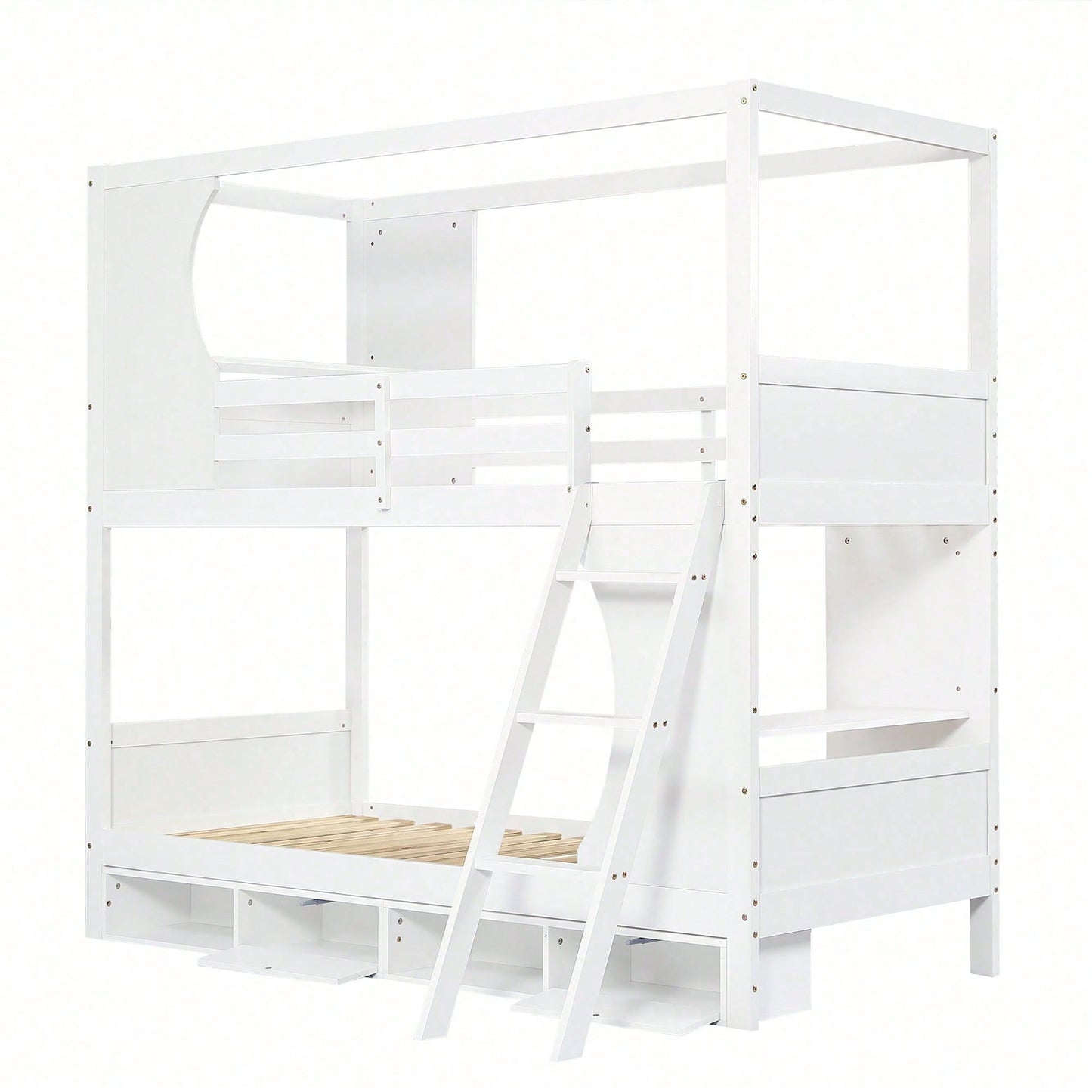 Modernes Etagenbett für Kinder (90x200 cm) - Mit integriertem Schreibtisch & Schuhschrank (4 Fächer) - Sicherheits-Gitter & dreistufige Schrägleiter - Viel Stauraum aus Kiefer, MDF & Sperrholz - Weiße Schlaf- & Spiel-Lösung