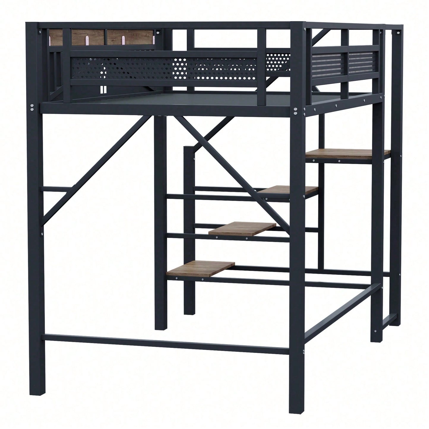 Modernes Metall-Hochbett 140x200 cm in Weiß - Einzigartiges Gehäusedesign mit dekorativen Fensterelementen - Sicherheitsleiter & großer Stauraum unter dem Bett - Stabile Schlafplatzlösung für Jugend- & Gästezimmer