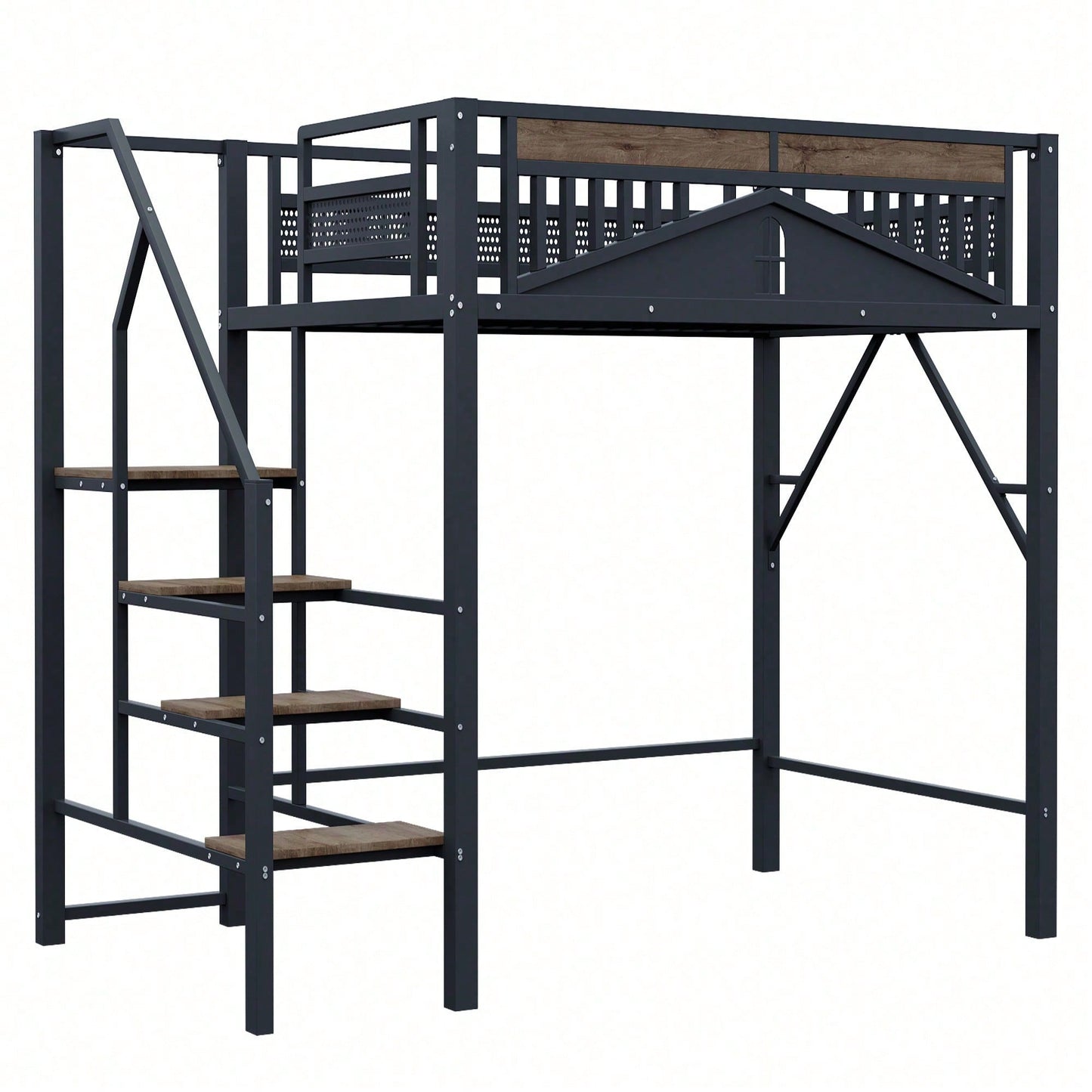 Modernes Metall-Hochbett 140x200 cm in Weiß - Einzigartiges Gehäusedesign mit dekorativen Fensterelementen - Sicherheitsleiter & großer Stauraum unter dem Bett - Stabile Schlafplatzlösung für Jugend- & Gästezimmer