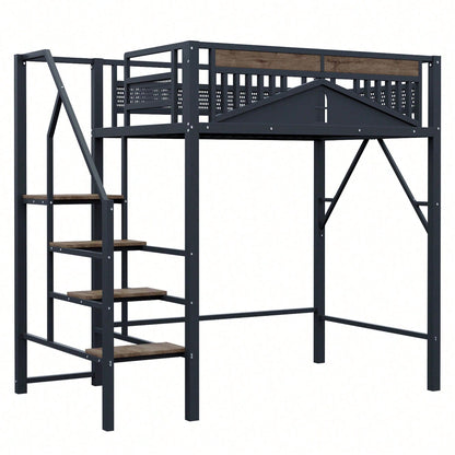 Modernes Metall-Hochbett 140x200 cm in Weiß - Einzigartiges Gehäusedesign mit dekorativen Fensterelementen - Sicherheitsleiter & großer Stauraum unter dem Bett - Stabile Schlafplatzlösung für Jugend- & Gästezimmer