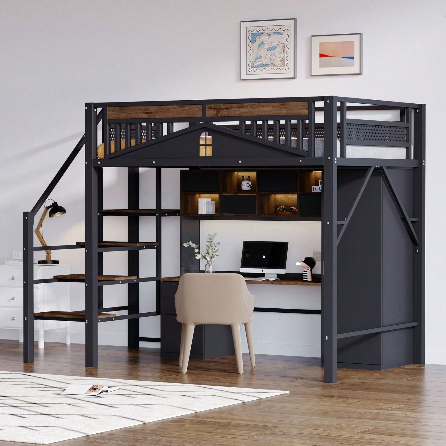 Modernes Metall-Hochbett 140x200 cm in Weiß - Einzigartiges Gehäusedesign mit dekorativen Fensterelementen - Sicherheitsleiter & großer Stauraum unter dem Bett - Stabile Schlafplatzlösung für Jugend- & Gästezimmer