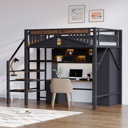 Modernes Metall-Hochbett 140x200 cm in Weiß - Einzigartiges Gehäusedesign mit dekorativen Fensterelementen - Sicherheitsleiter & großer Stauraum unter dem Bett - Stabile Schlafplatzlösung für Jugend- & Gästezimmer