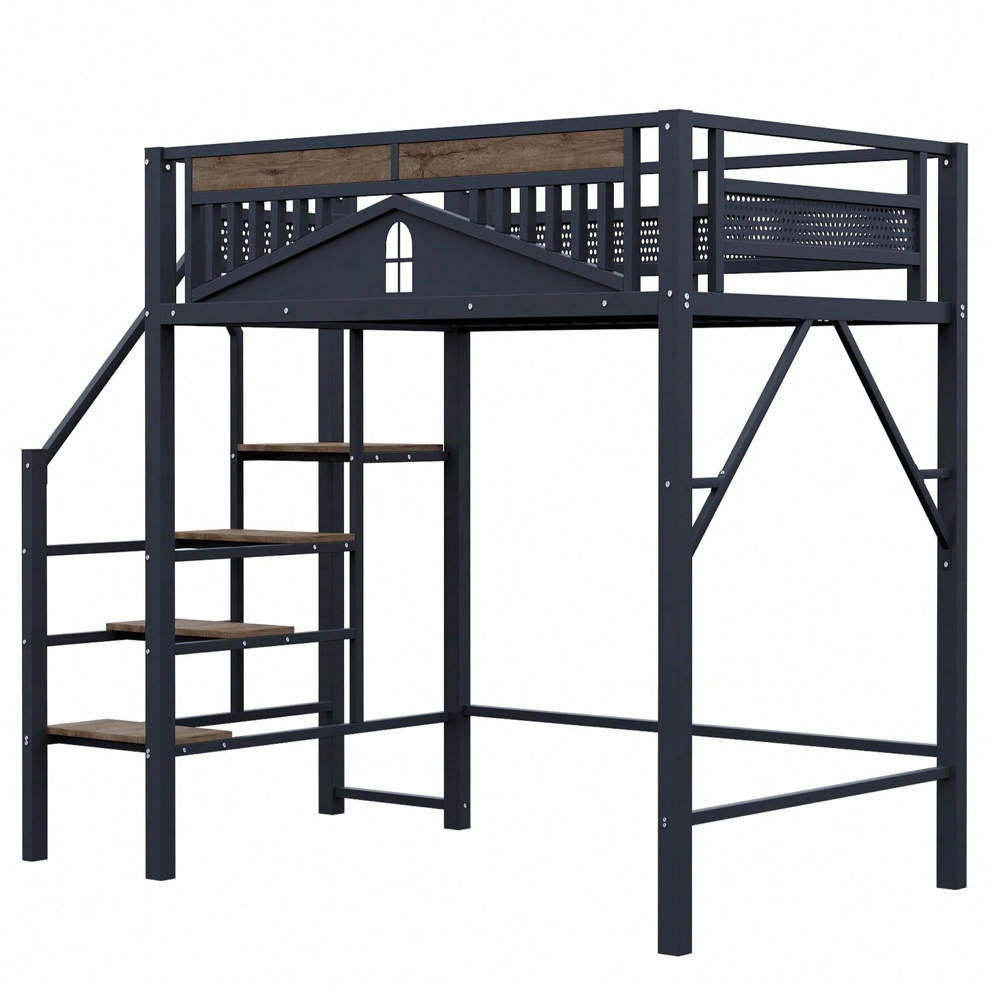 Modernes Metall-Hochbett 140x200 cm in Weiß - Einzigartiges Gehäusedesign mit dekorativen Fensterelementen - Sicherheitsleiter & großer Stauraum unter dem Bett - Stabile Schlafplatzlösung für Jugend- & Gästezimmer