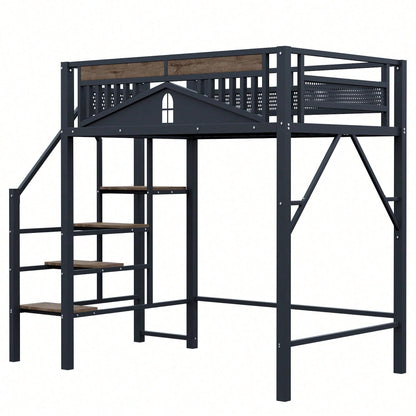 Modernes Metall-Hochbett 140x200 cm in Weiß - Einzigartiges Gehäusedesign mit dekorativen Fensterelementen - Sicherheitsleiter & großer Stauraum unter dem Bett - Stabile Schlafplatzlösung für Jugend- & Gästezimmer