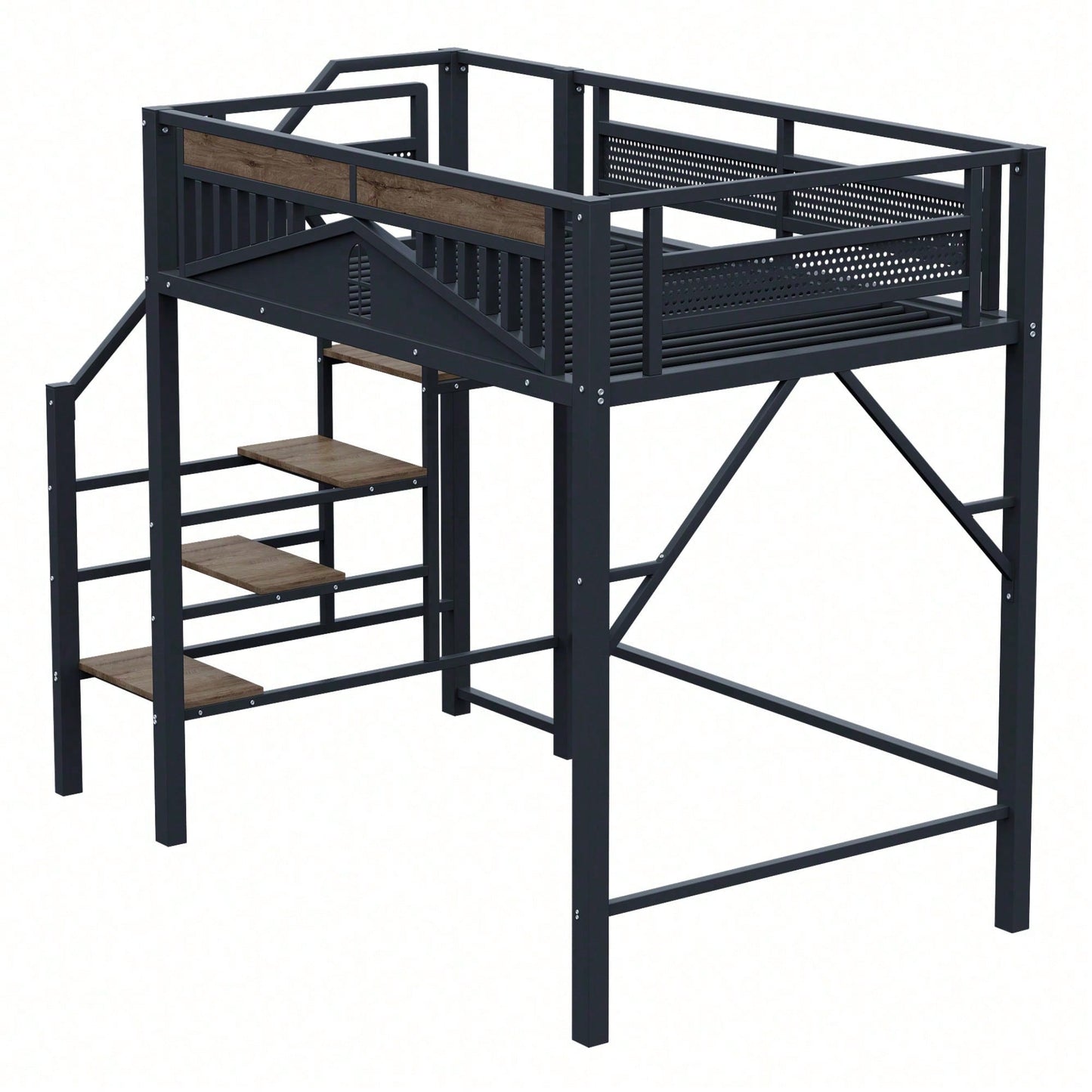 Modernes Metall-Hochbett 140x200 cm in Weiß - Einzigartiges Gehäusedesign mit dekorativen Fensterelementen - Sicherheitsleiter & großer Stauraum unter dem Bett - Stabile Schlafplatzlösung für Jugend- & Gästezimmer