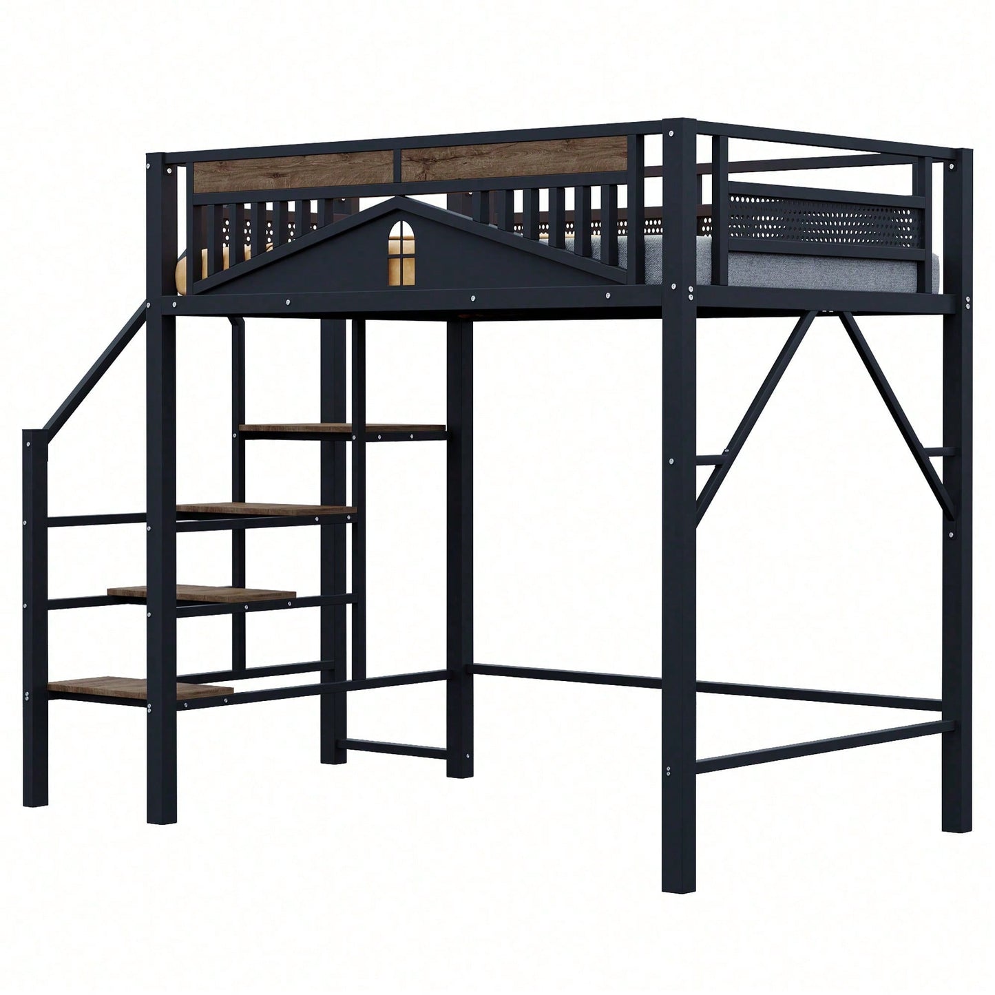 Modernes Metall-Hochbett 140x200 cm in Weiß - Einzigartiges Gehäusedesign mit dekorativen Fensterelementen - Sicherheitsleiter & großer Stauraum unter dem Bett - Stabile Schlafplatzlösung für Jugend- & Gästezimmer