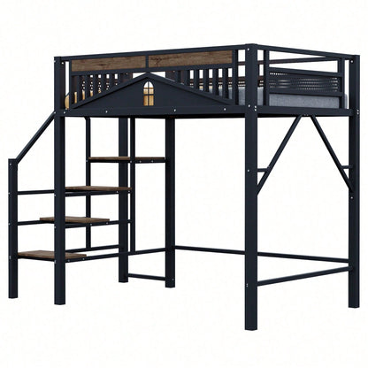 Modernes Metall-Hochbett 140x200 cm in Weiß - Einzigartiges Gehäusedesign mit dekorativen Fensterelementen - Sicherheitsleiter & großer Stauraum unter dem Bett - Stabile Schlafplatzlösung für Jugend- & Gästezimmer