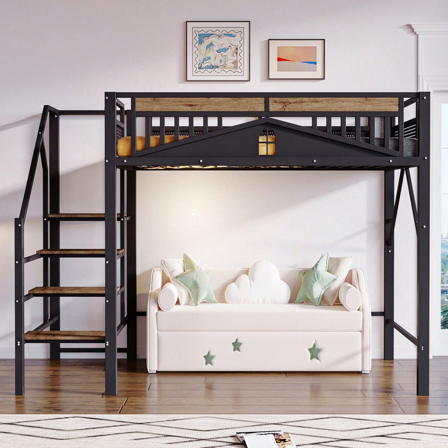 Modernes Metall-Hochbett 140x200 cm in Weiß - Einzigartiges Gehäusedesign mit dekorativen Fensterelementen - Sicherheitsleiter & großer Stauraum unter dem Bett - Stabile Schlafplatzlösung für Jugend- & Gästezimmer