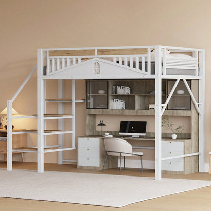Modernes Metall-Hochbett 140x200 cm in Weiß - Einzigartiges Gehäusedesign mit dekorativen Fensterelementen - Sicherheitsleiter & großer Stauraum unter dem Bett - Stabile Schlafplatzlösung für Jugend- & Gästezimmer