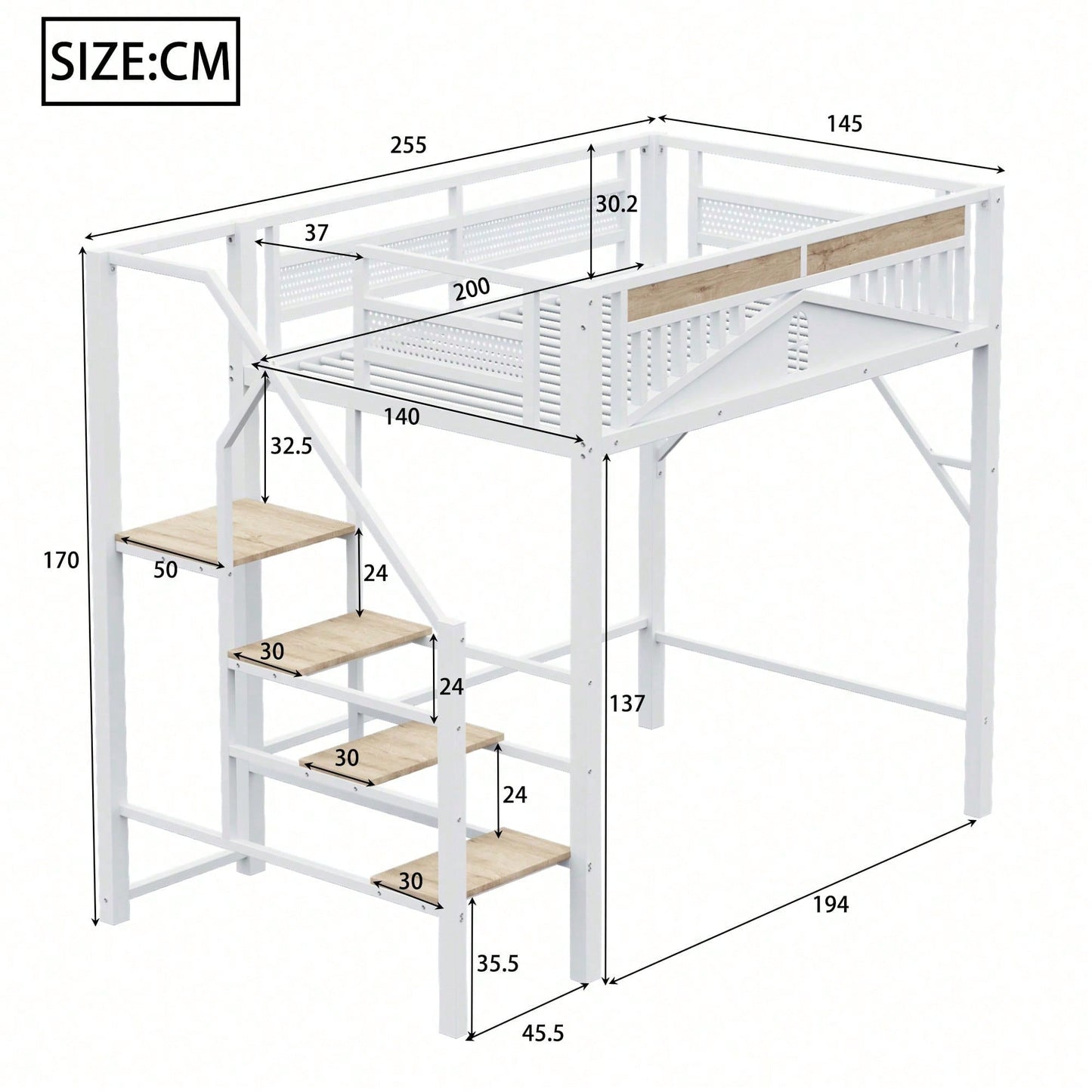 Modernes Metall-Hochbett 140x200 cm in Weiß - Einzigartiges Gehäusedesign mit dekorativen Fensterelementen - Sicherheitsleiter & großer Stauraum unter dem Bett - Stabile Schlafplatzlösung für Jugend- & Gästezimmer