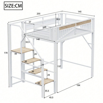 Modernes Metall-Hochbett 140x200 cm in Weiß - Einzigartiges Gehäusedesign mit dekorativen Fensterelementen - Sicherheitsleiter & großer Stauraum unter dem Bett - Stabile Schlafplatzlösung für Jugend- & Gästezimmer