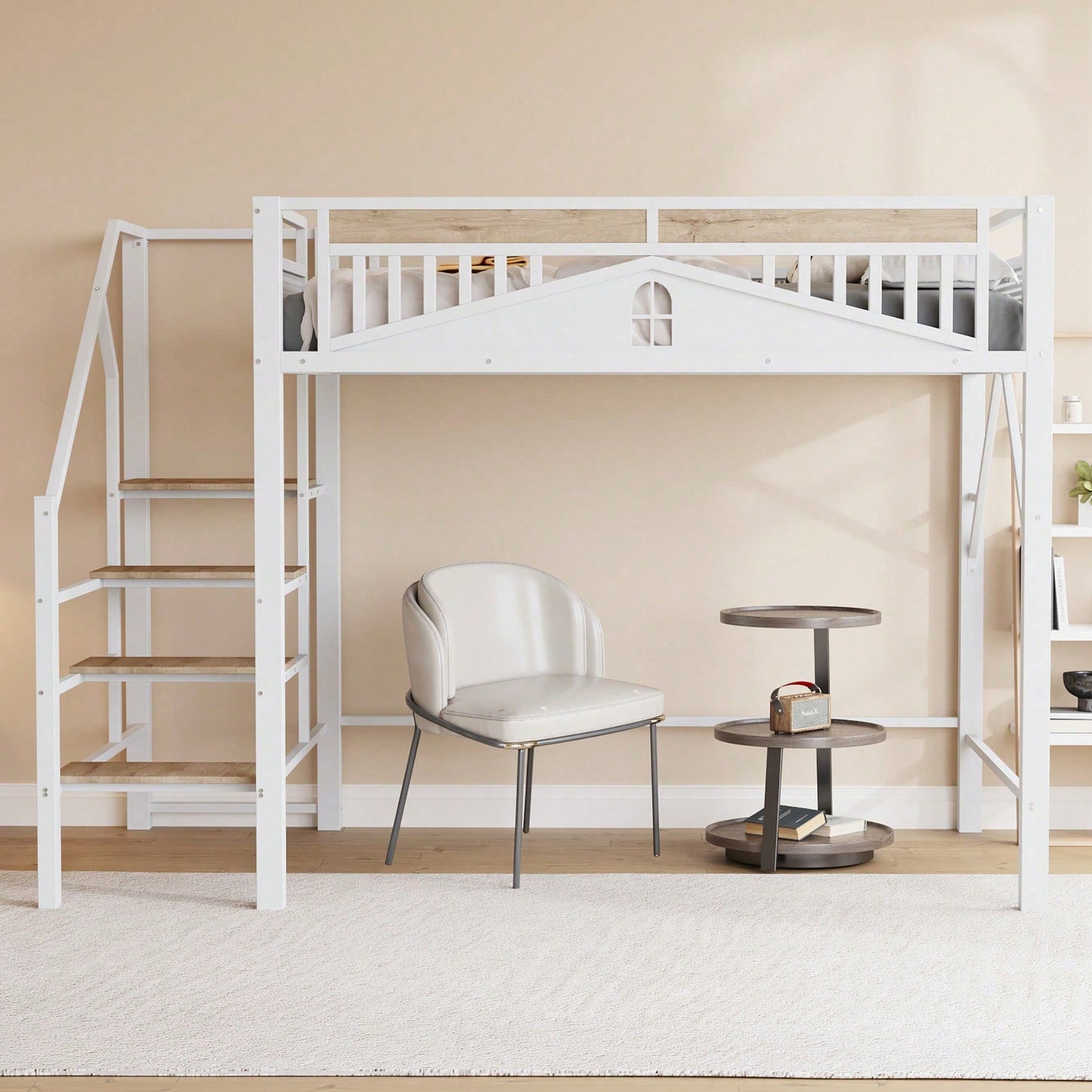 Modernes Metall-Hochbett 140x200 cm in Weiß - Einzigartiges Gehäusedesign mit dekorativen Fensterelementen - Sicherheitsleiter & großer Stauraum unter dem Bett - Stabile Schlafplatzlösung für Jugend- & Gästezimmer