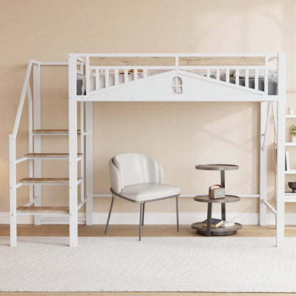 Modernes Metall-Hochbett 140x200 cm in Weiß - Einzigartiges Gehäusedesign mit dekorativen Fensterelementen - Sicherheitsleiter & großer Stauraum unter dem Bett - Stabile Schlafplatzlösung für Jugend- & Gästezimmer