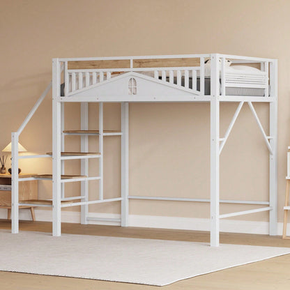 Modernes Metall-Hochbett 140x200 cm in Weiß - Einzigartiges Gehäusedesign mit dekorativen Fensterelementen - Sicherheitsleiter & großer Stauraum unter dem Bett - Stabile Schlafplatzlösung für Jugend- & Gästezimmer