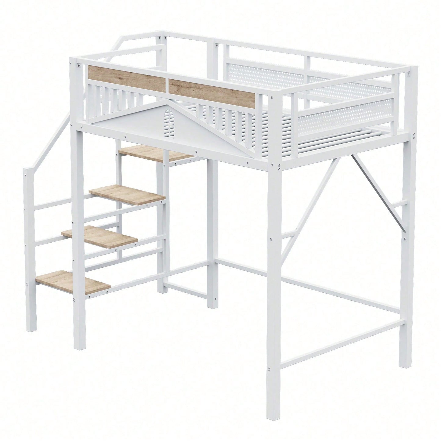 Modernes Metall-Hochbett 140x200 cm in Weiß - Einzigartiges Gehäusedesign mit dekorativen Fensterelementen - Sicherheitsleiter & großer Stauraum unter dem Bett - Stabile Schlafplatzlösung für Jugend- & Gästezimmer