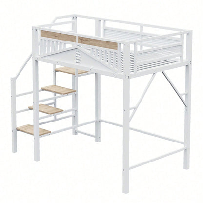 Modernes Metall-Hochbett 140x200 cm in Weiß - Einzigartiges Gehäusedesign mit dekorativen Fensterelementen - Sicherheitsleiter & großer Stauraum unter dem Bett - Stabile Schlafplatzlösung für Jugend- & Gästezimmer