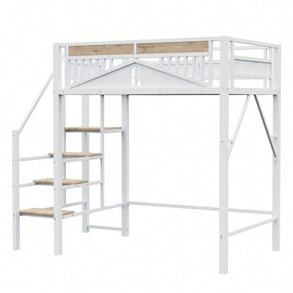 Modernes Metall-Hochbett 140x200 cm in Weiß - Einzigartiges Gehäusedesign mit dekorativen Fensterelementen - Sicherheitsleiter & großer Stauraum unter dem Bett - Stabile Schlafplatzlösung für Jugend- & Gästezimmer