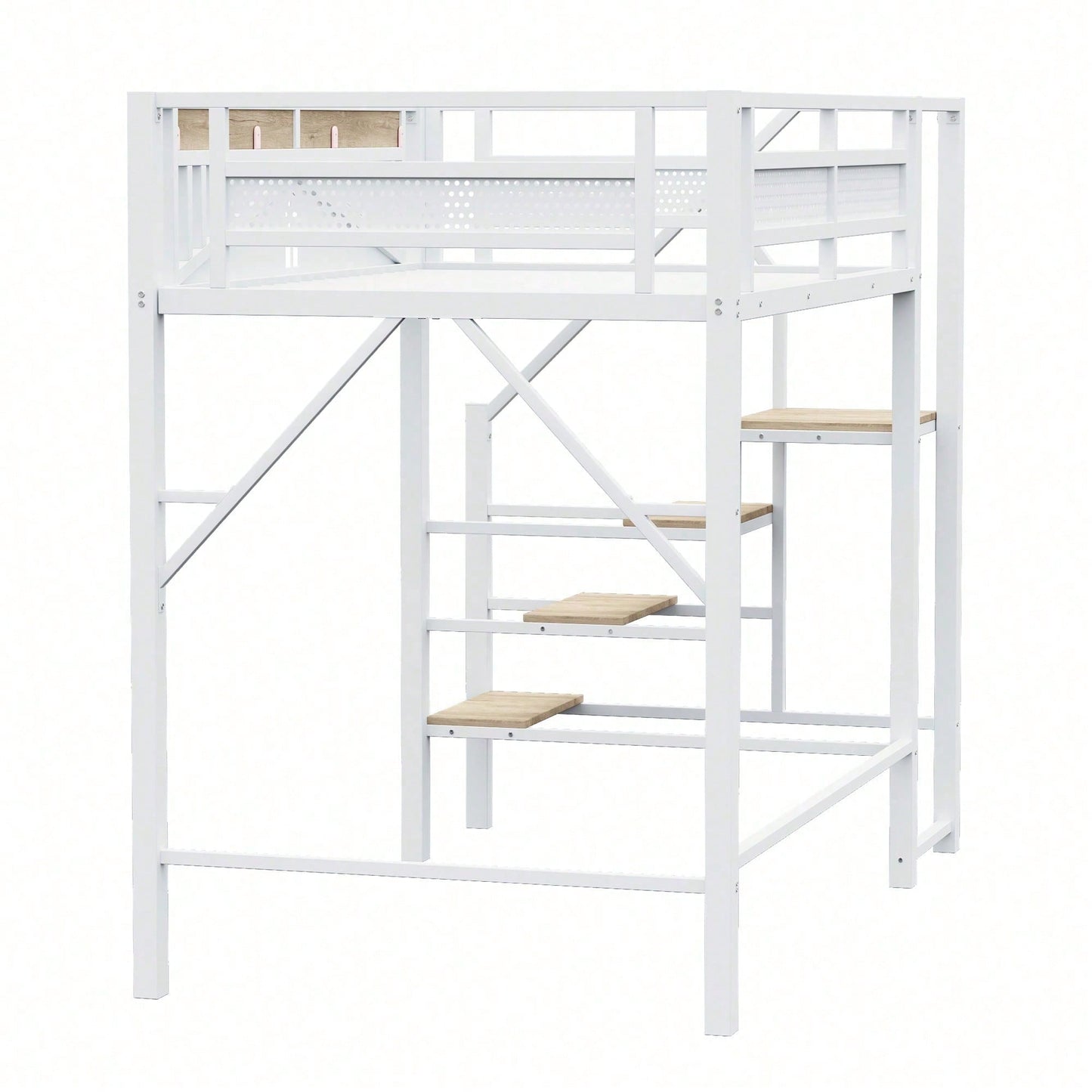 Modernes Metall-Hochbett 140x200 cm in Weiß - Einzigartiges Gehäusedesign mit dekorativen Fensterelementen - Sicherheitsleiter & großer Stauraum unter dem Bett - Stabile Schlafplatzlösung für Jugend- & Gästezimmer