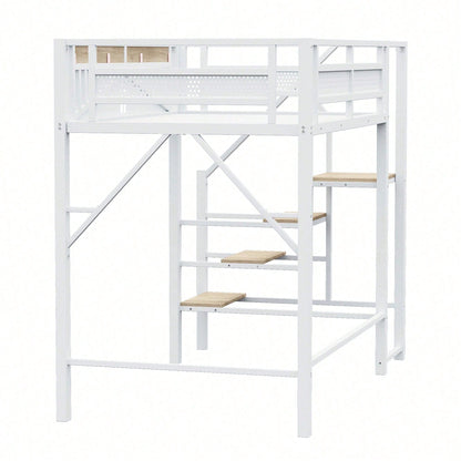 Modernes Metall-Hochbett 140x200 cm in Weiß - Einzigartiges Gehäusedesign mit dekorativen Fensterelementen - Sicherheitsleiter & großer Stauraum unter dem Bett - Stabile Schlafplatzlösung für Jugend- & Gästezimmer
