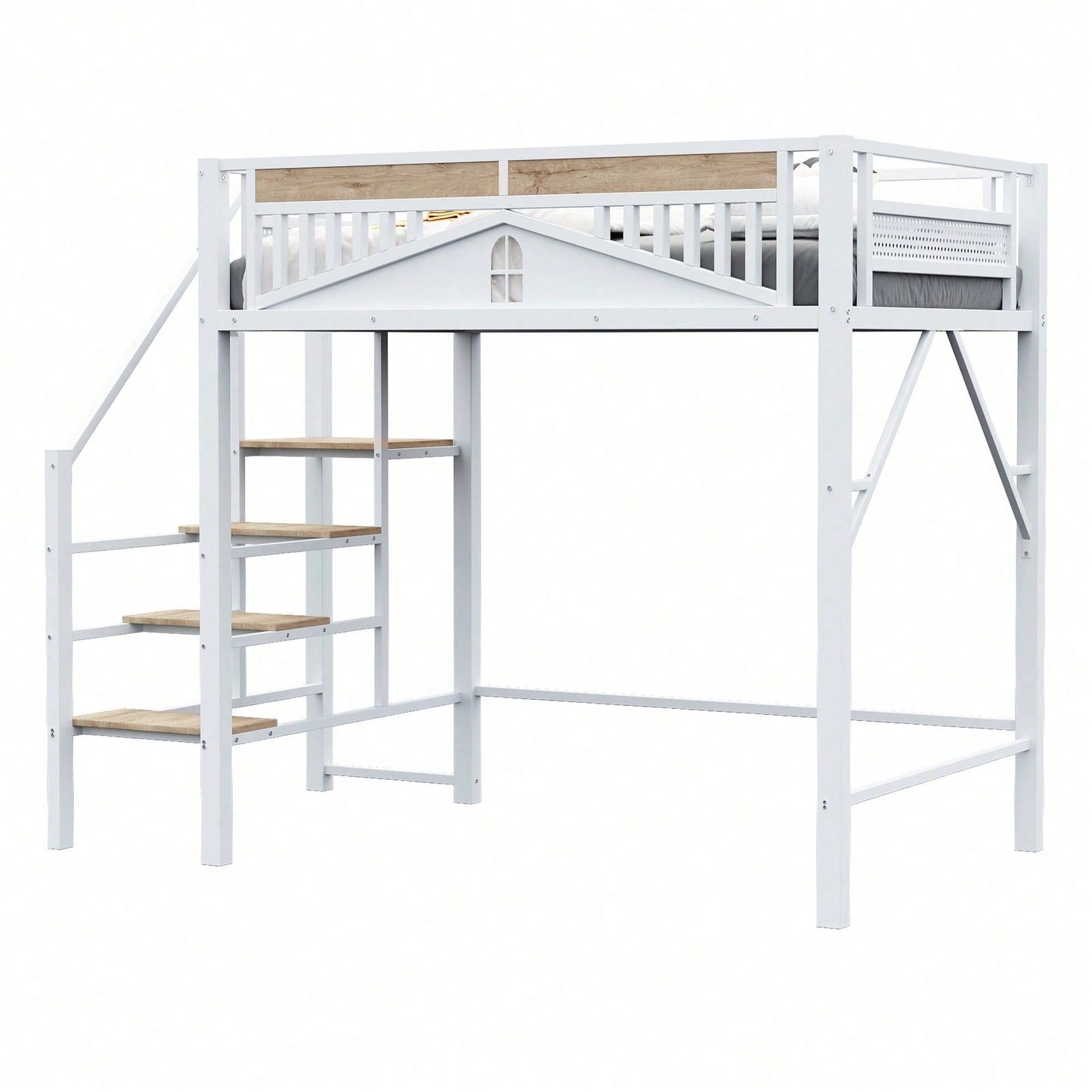 Modernes Metall-Hochbett 140x200 cm in Weiß - Einzigartiges Gehäusedesign mit dekorativen Fensterelementen - Sicherheitsleiter & großer Stauraum unter dem Bett - Stabile Schlafplatzlösung für Jugend- & Gästezimmer