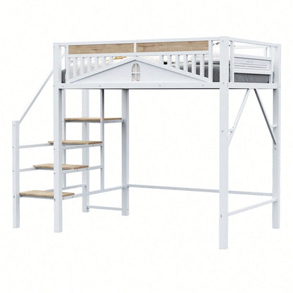 Modernes Metall-Hochbett 140x200 cm in Weiß - Einzigartiges Gehäusedesign mit dekorativen Fensterelementen - Sicherheitsleiter & großer Stauraum unter dem Bett - Stabile Schlafplatzlösung für Jugend- & Gästezimmer