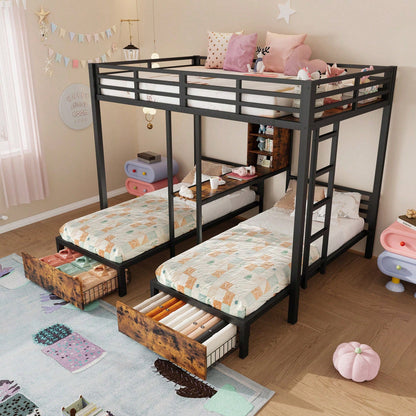 Robustes Etagenbett (140x200 cm + 90x200 cm) – 3-Bett-Kombi mit Seitengittern & Sicherheitsleiter – Praktisch mit Staufächern, 2 Schubladen & Regalen – Schwarzes Multifunktionsbett ohne Matratze