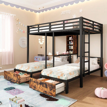 Robustes Etagenbett (140x200 cm + 90x200 cm) – 3-Bett-Kombi mit Seitengittern & Sicherheitsleiter – Praktisch mit Staufächern, 2 Schubladen & Regalen – Schwarzes Multifunktionsbett ohne Matratze