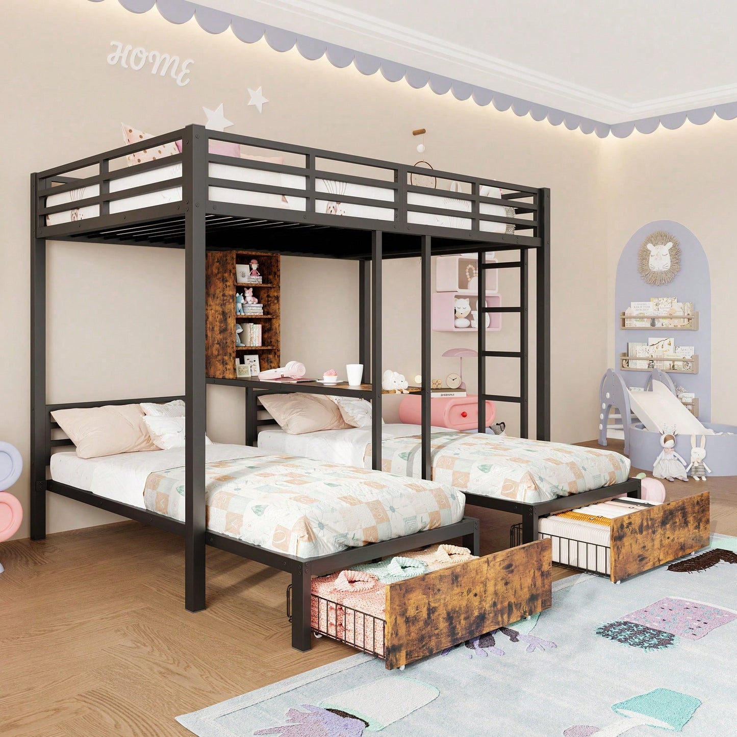 Robustes Etagenbett (140x200 cm + 90x200 cm) – 3-Bett-Kombi mit Seitengittern & Sicherheitsleiter – Praktisch mit Staufächern, 2 Schubladen & Regalen – Schwarzes Multifunktionsbett ohne Matratze
