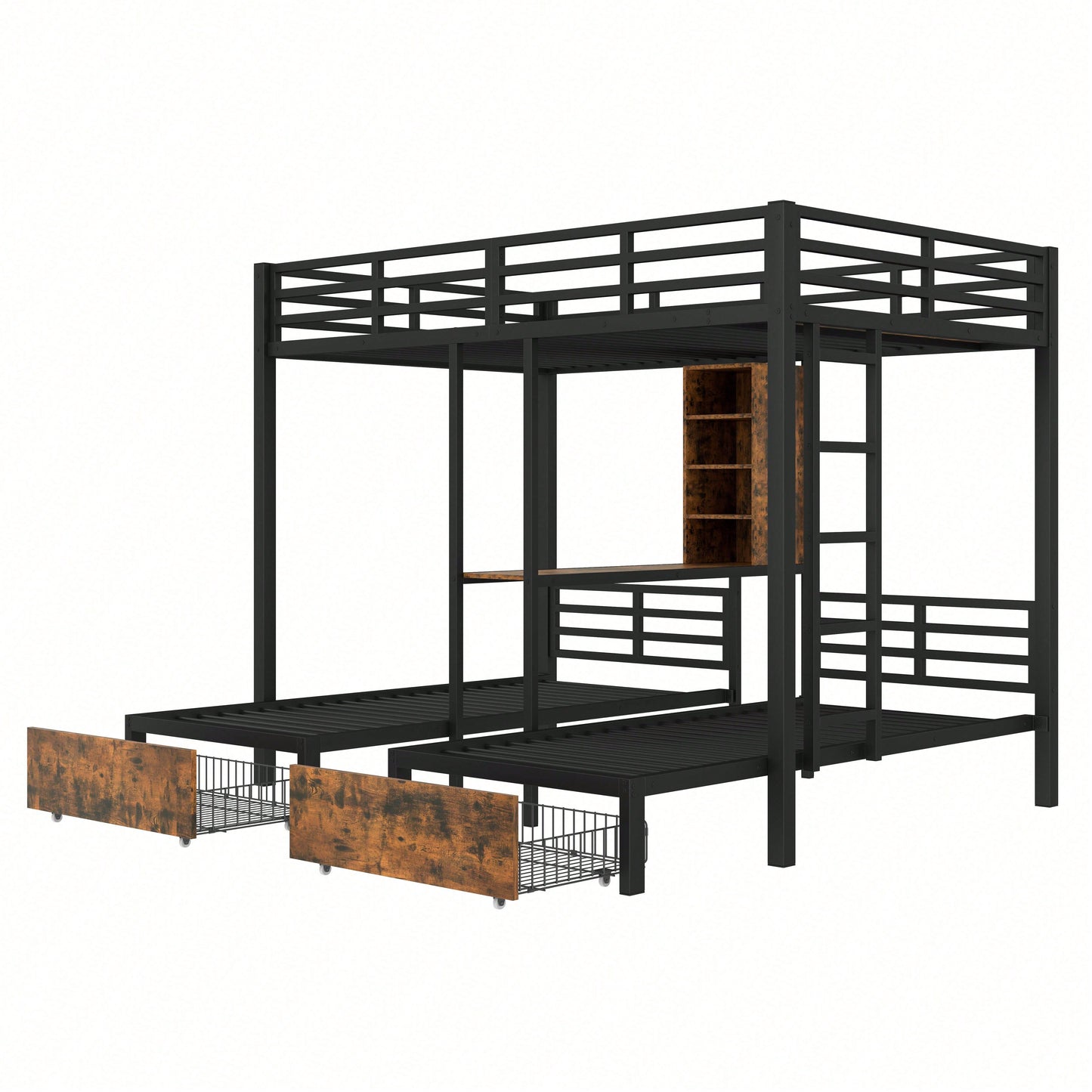 Robustes Etagenbett (140x200 cm + 90x200 cm) – 3-Bett-Kombi mit Seitengittern & Sicherheitsleiter – Praktisch mit Staufächern, 2 Schubladen & Regalen – Schwarzes Multifunktionsbett ohne Matratze