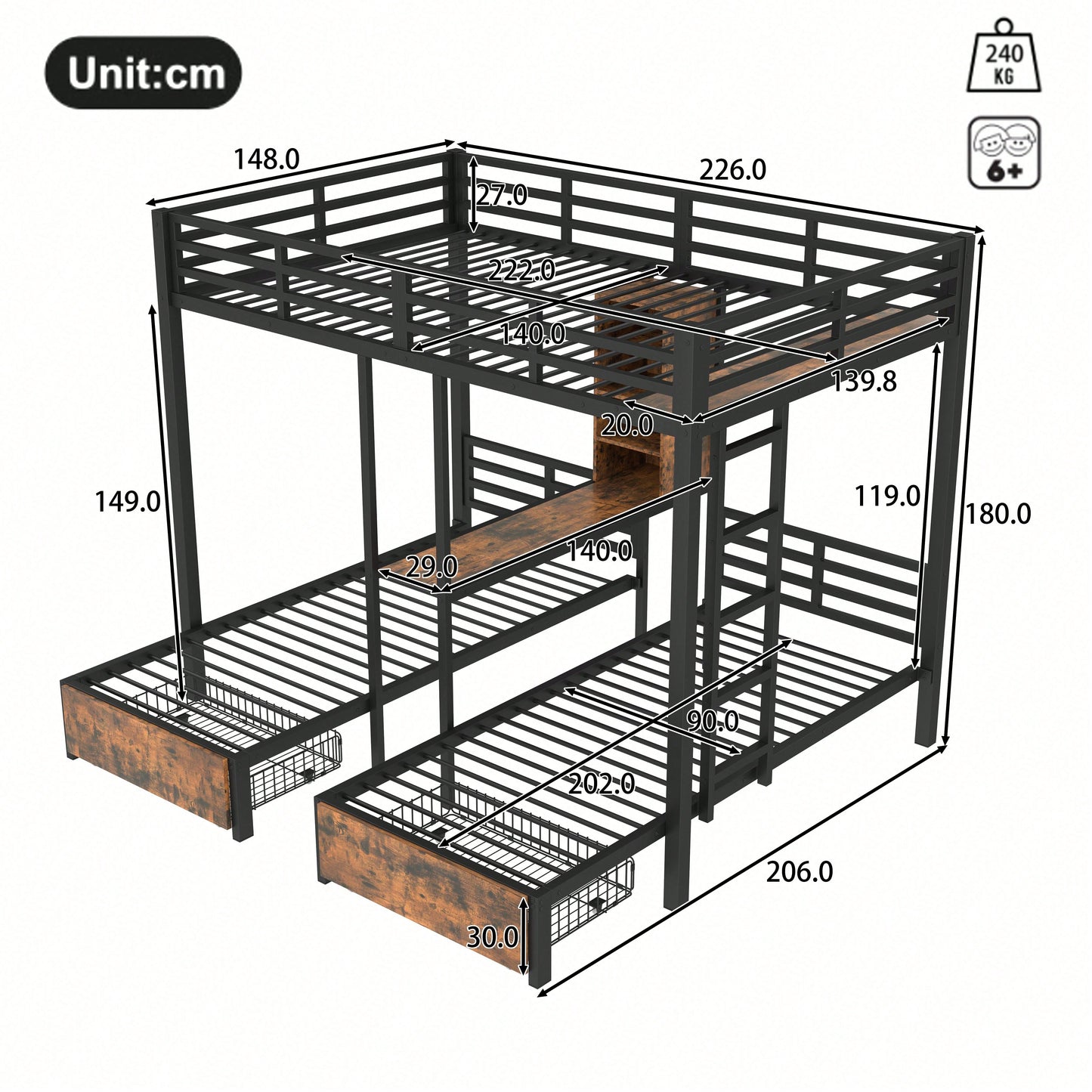 Robustes Etagenbett (140x200 cm + 90x200 cm) – 3-Bett-Kombi mit Seitengittern & Sicherheitsleiter – Praktisch mit Staufächern, 2 Schubladen & Regalen – Schwarzes Multifunktionsbett ohne Matratze
