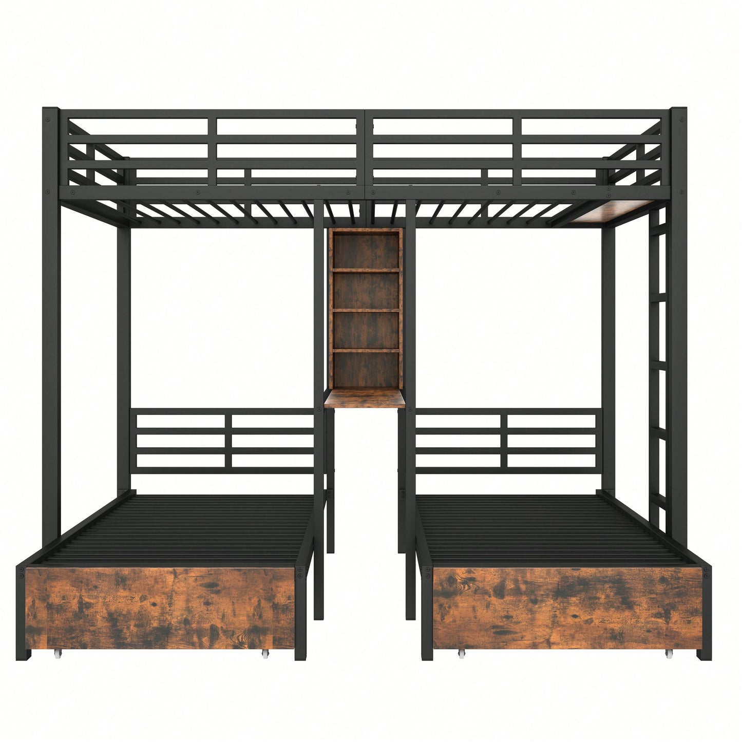 Robustes Etagenbett (140x200 cm + 90x200 cm) – 3-Bett-Kombi mit Seitengittern & Sicherheitsleiter – Praktisch mit Staufächern, 2 Schubladen & Regalen – Schwarzes Multifunktionsbett ohne Matratze