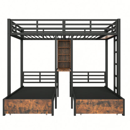 Robustes Etagenbett (140x200 cm + 90x200 cm) – 3-Bett-Kombi mit Seitengittern & Sicherheitsleiter – Praktisch mit Staufächern, 2 Schubladen & Regalen – Schwarzes Multifunktionsbett ohne Matratze