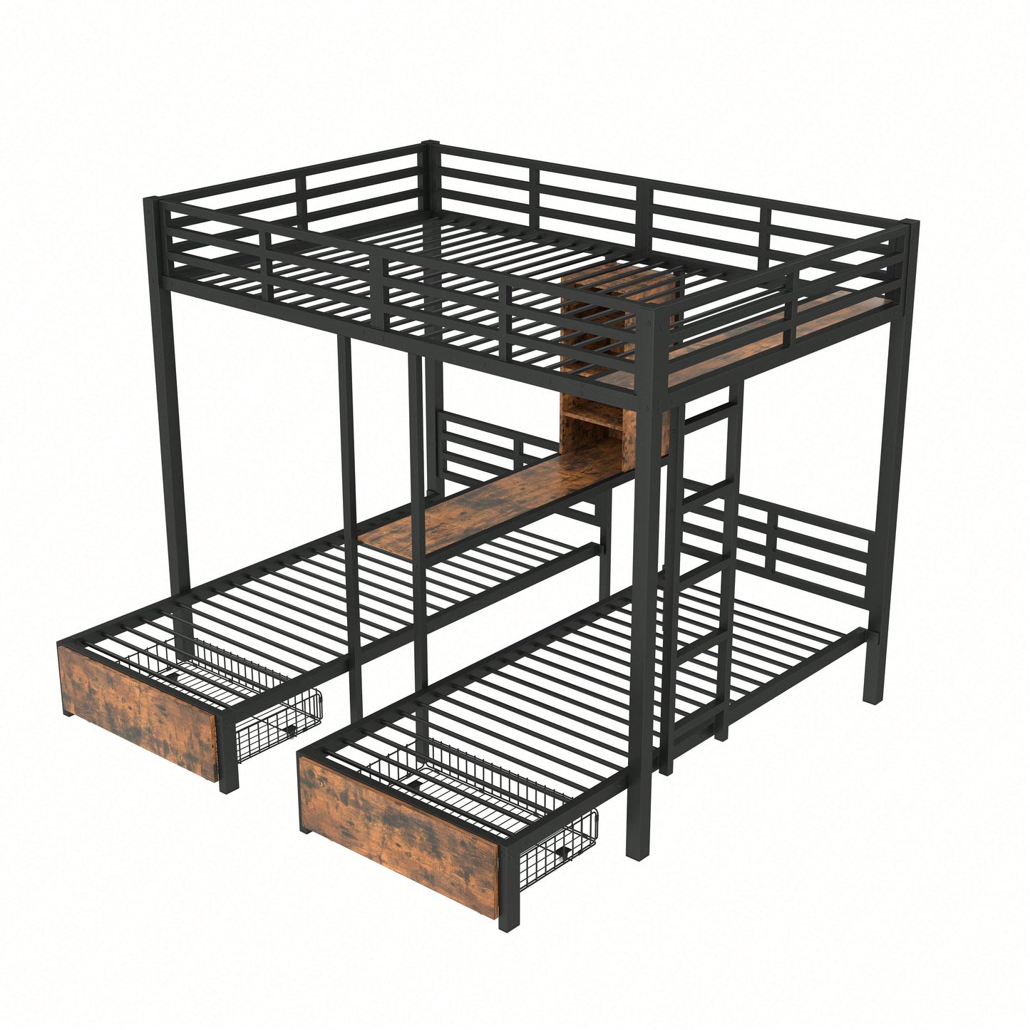 Robustes Etagenbett (140x200 cm + 90x200 cm) – 3-Bett-Kombi mit Seitengittern & Sicherheitsleiter – Praktisch mit Staufächern, 2 Schubladen & Regalen – Schwarzes Multifunktionsbett ohne Matratze
