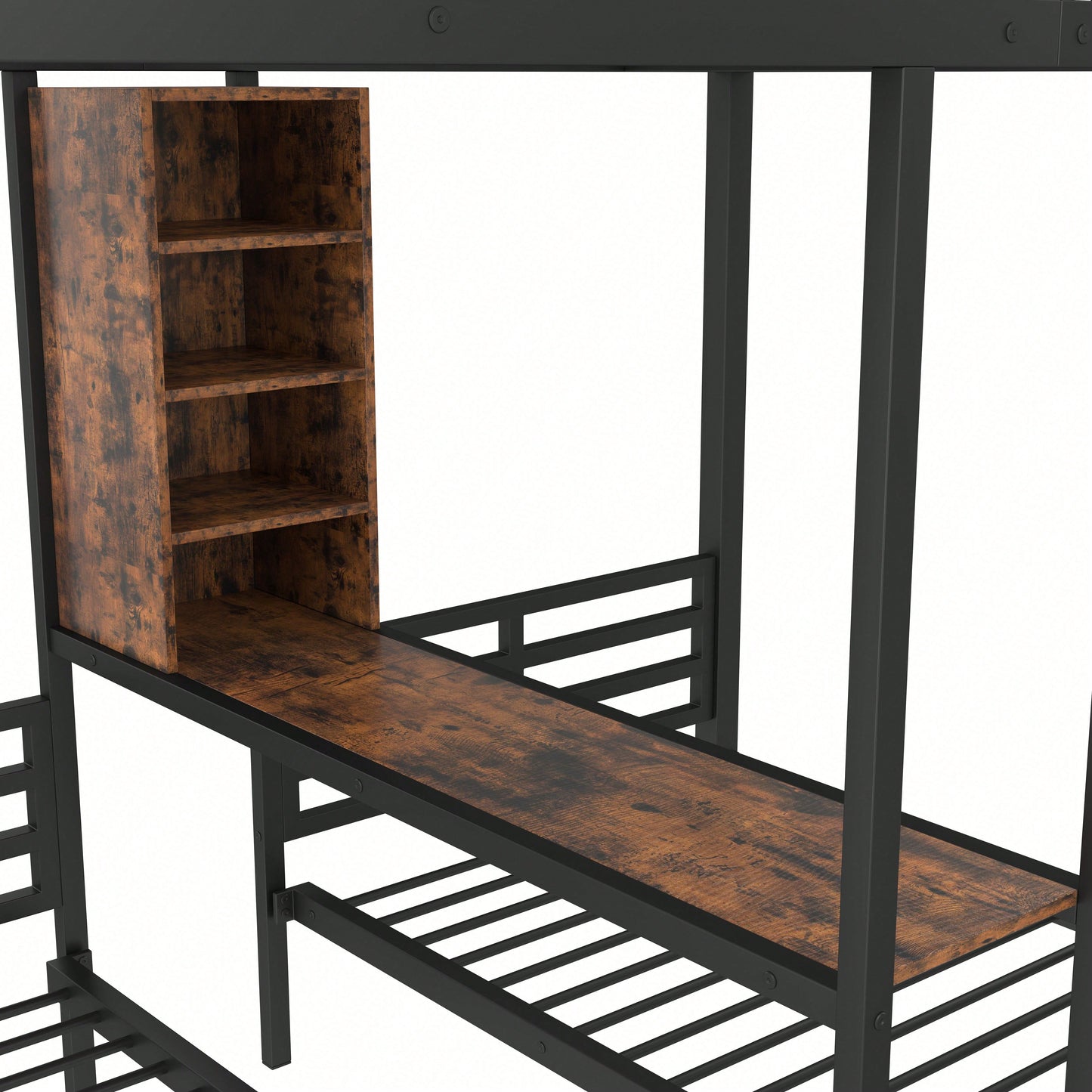 Robustes Etagenbett (140x200 cm + 90x200 cm) – 3-Bett-Kombi mit Seitengittern & Sicherheitsleiter – Praktisch mit Staufächern, 2 Schubladen & Regalen – Schwarzes Multifunktionsbett ohne Matratze
